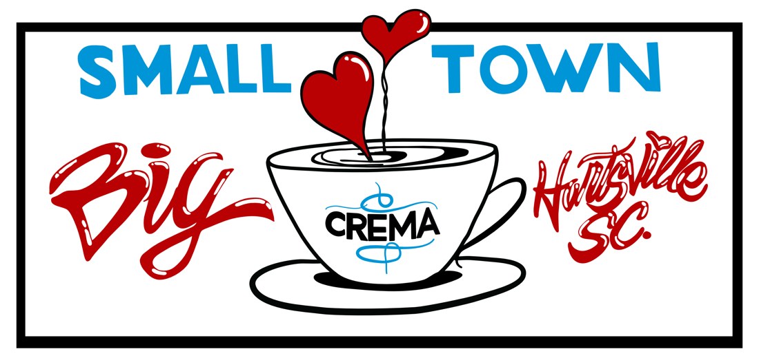 Crema logo: a coffee cup with two hearts rising from it. Small town, big heart.